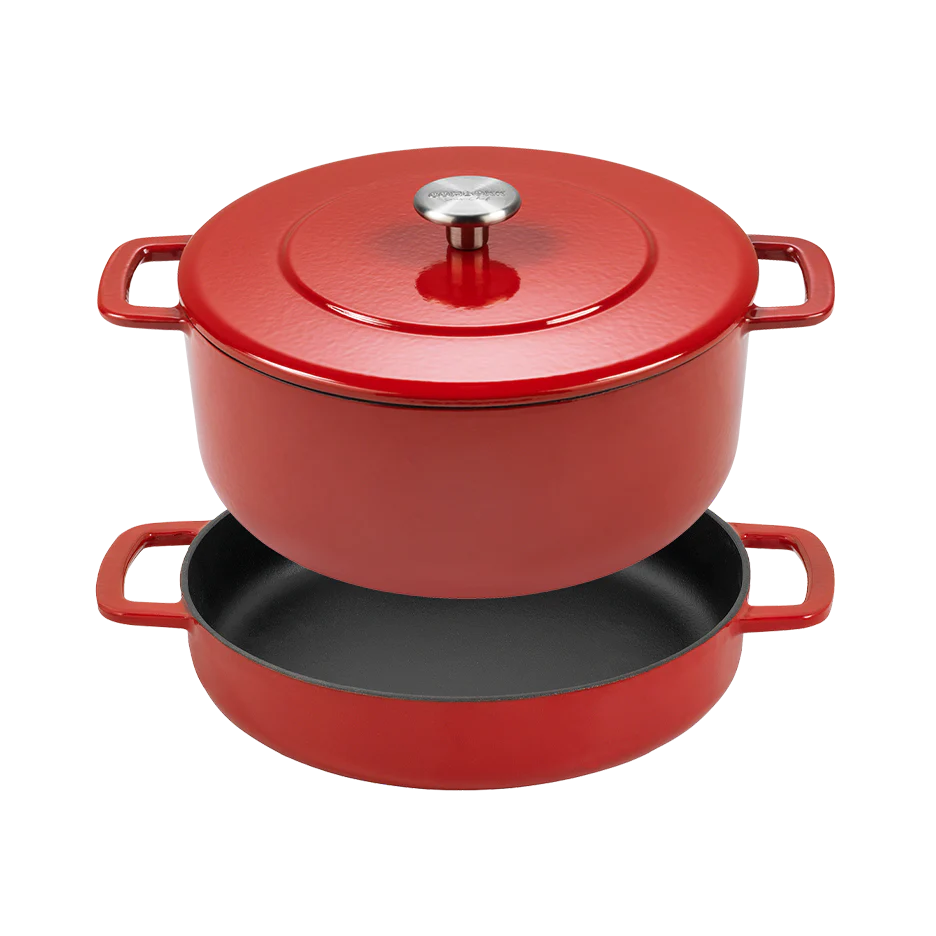 SOUS-CHEF ENAMELLED CAST IRON DUTCH OVEN & DOUBLE HANDLE FRY PAN 24CM RED W/Cutting Board