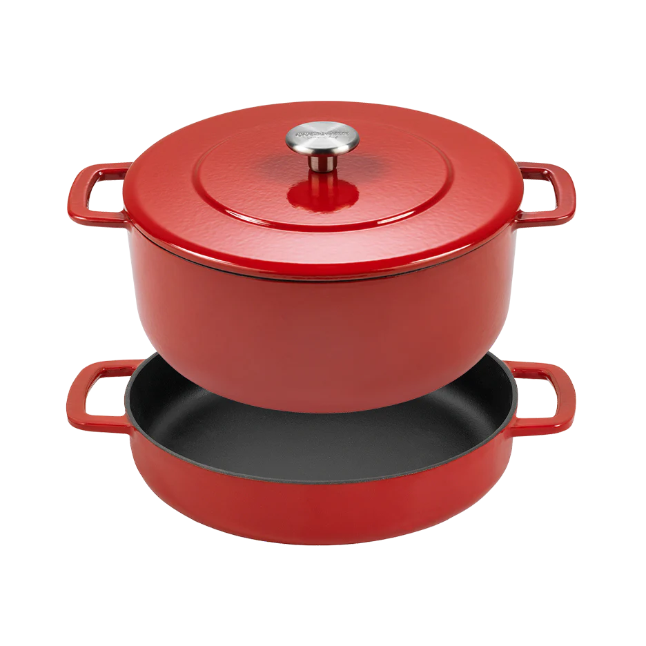 SOUS-CHEF ENAMELLED CAST IRON DUTCH OVEN & DOUBLE HANDLE FRY PAN 28CM RED W/Cutting Board