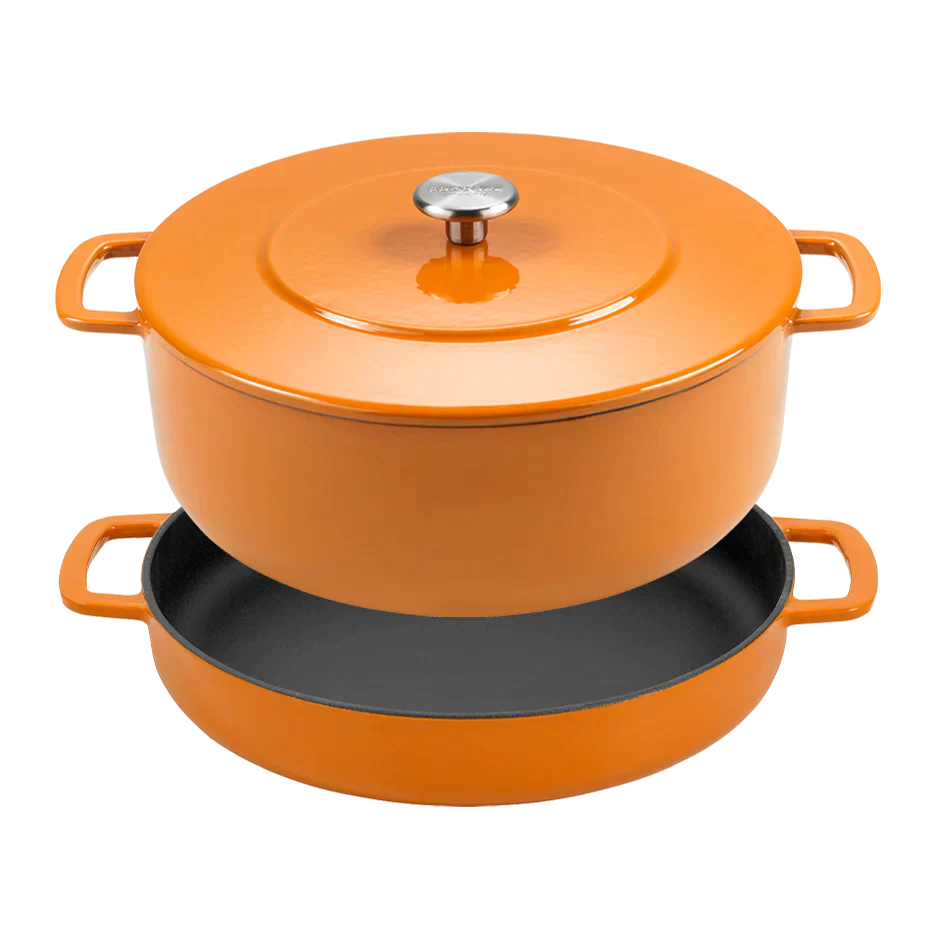 SOUS-CHEF ENAMELLED CAST IRON DUTCH OVEN & DOUBLE HANDLE FRY PAN 28CM ORANGE W/Cutting Board