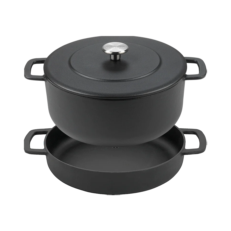 SOUS-CHEF ENAMELLED CAST IRON DUTCH OVEN & DOUBLE HANDLE FRY PAN 24CM BLACK W/Cutting Board